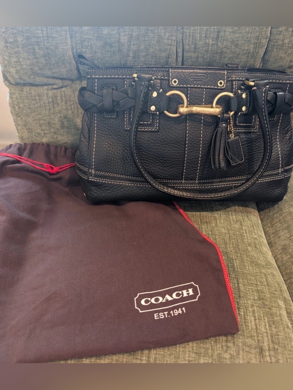 Coach Black Pebbled Leather Satchel with Gold-Tone Bit